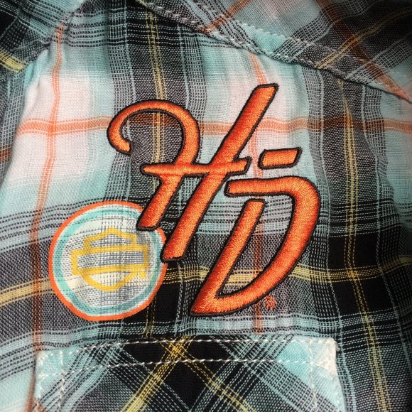 Harley-Davidson Womens Embroidered Blouse Small Plaid Pearl Snap Cap Sleeve - Picture 6 of 8